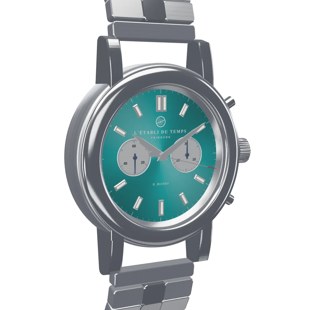 Chronographe en acier à cadran turquoise, signé L’Établi du Temps, qui tourne sur lui-même
